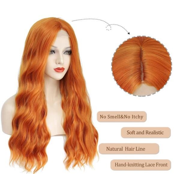 Long Orange Wavy Wigs for Women Middle Part 26 inch Natural Curly Synthetic Wig - Picture 3 of 7